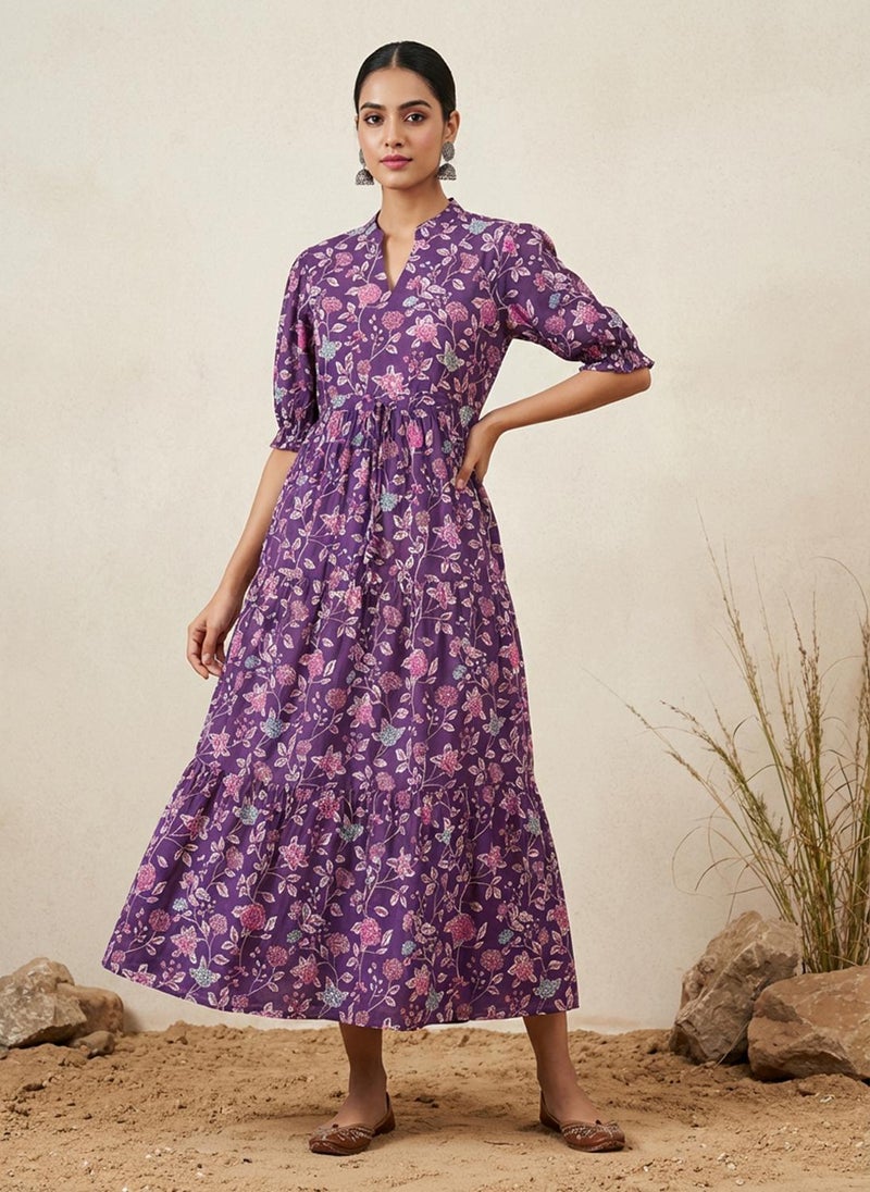 Globus Women Purple Mandarin Collar Puff Sleeves Floral Print Waist Tie-Ups Tiered Midi A-Line Fusion Dress - Image 1